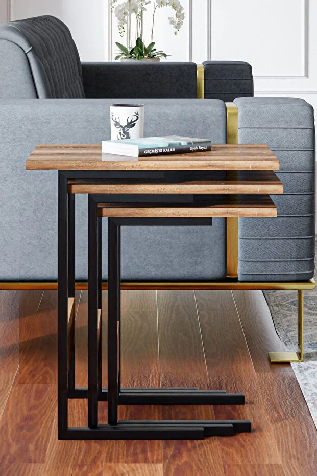 Zg3 Metal Ayaklı 3'lü Zigon Sehpa - Ceviz